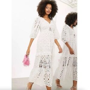 ASOS EDITION Twist Front Eyelet Lace Midi Dress White